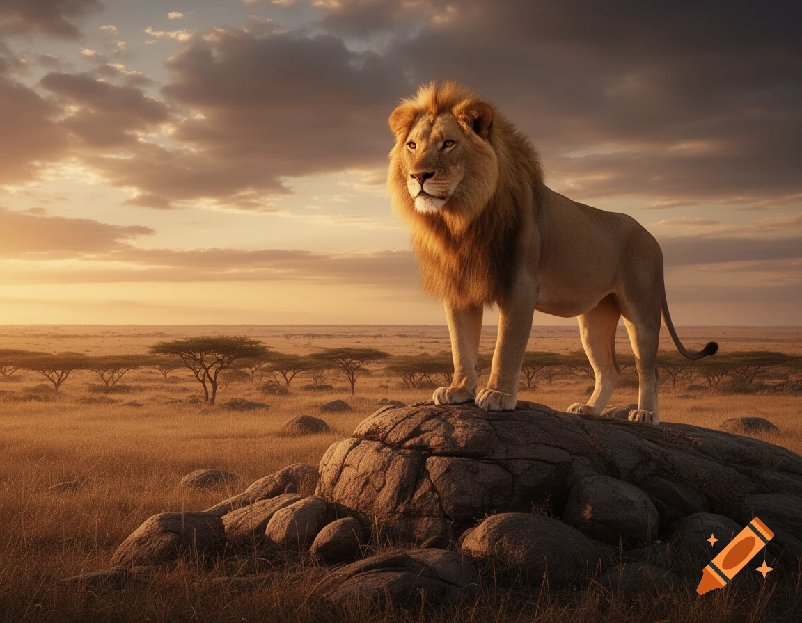 A majestic lion stands on a rock overlooking a golden savanna landscape at sunset under a cloudy sky.