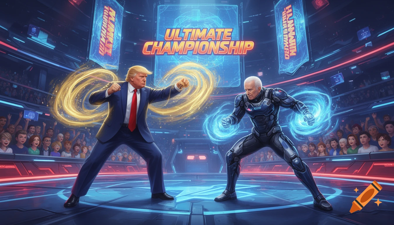 Donald Trump in a suit and Joe Biden in a futuristic suit face off in an arena with glowing energy swirls, depicting an 'Ultimate Championship' battle.