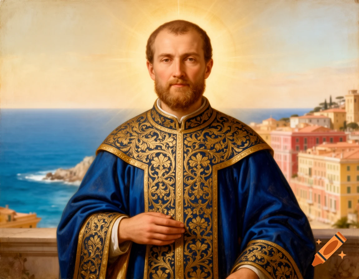 A classical painting of a bearded saint in ornate blue and gold robes, with a halo, overlooking a coastal town and the sea.