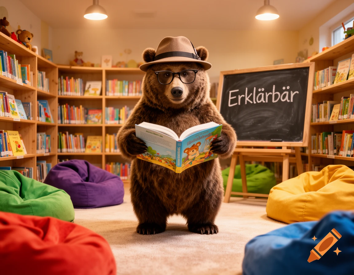 A photorealistic bear with a hat and glasses reads a children's book in a cozy library with bean bags and a chalkboard.