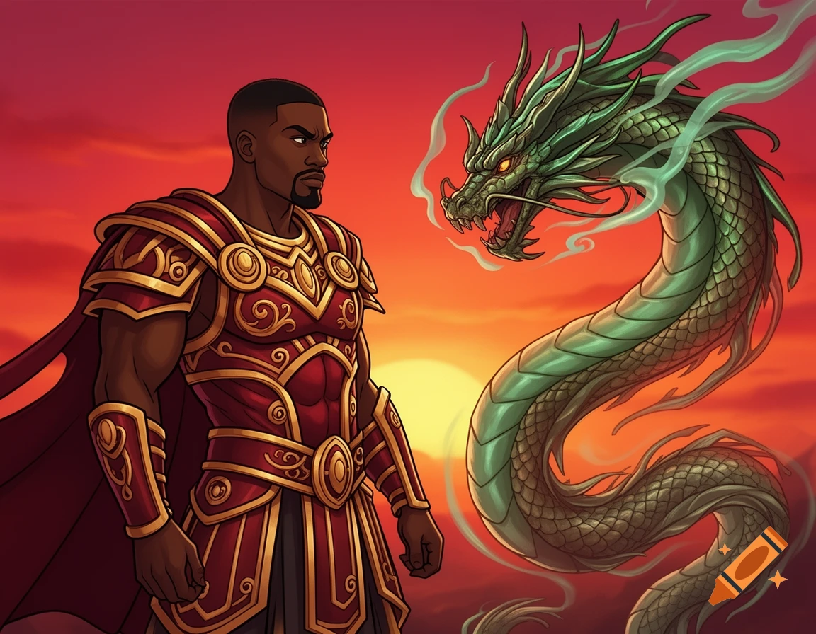 Cartoon of a Black warrior in red and gold armor facing a green dragon against a vibrant sunset background.