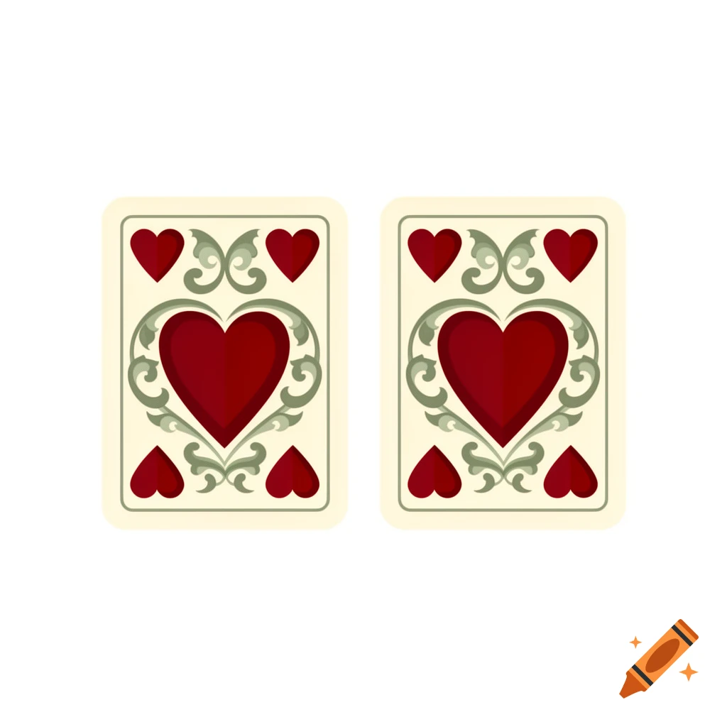 Two stylized playing cards featuring large red hearts and green scrollwork on a cream background, like pictograms.