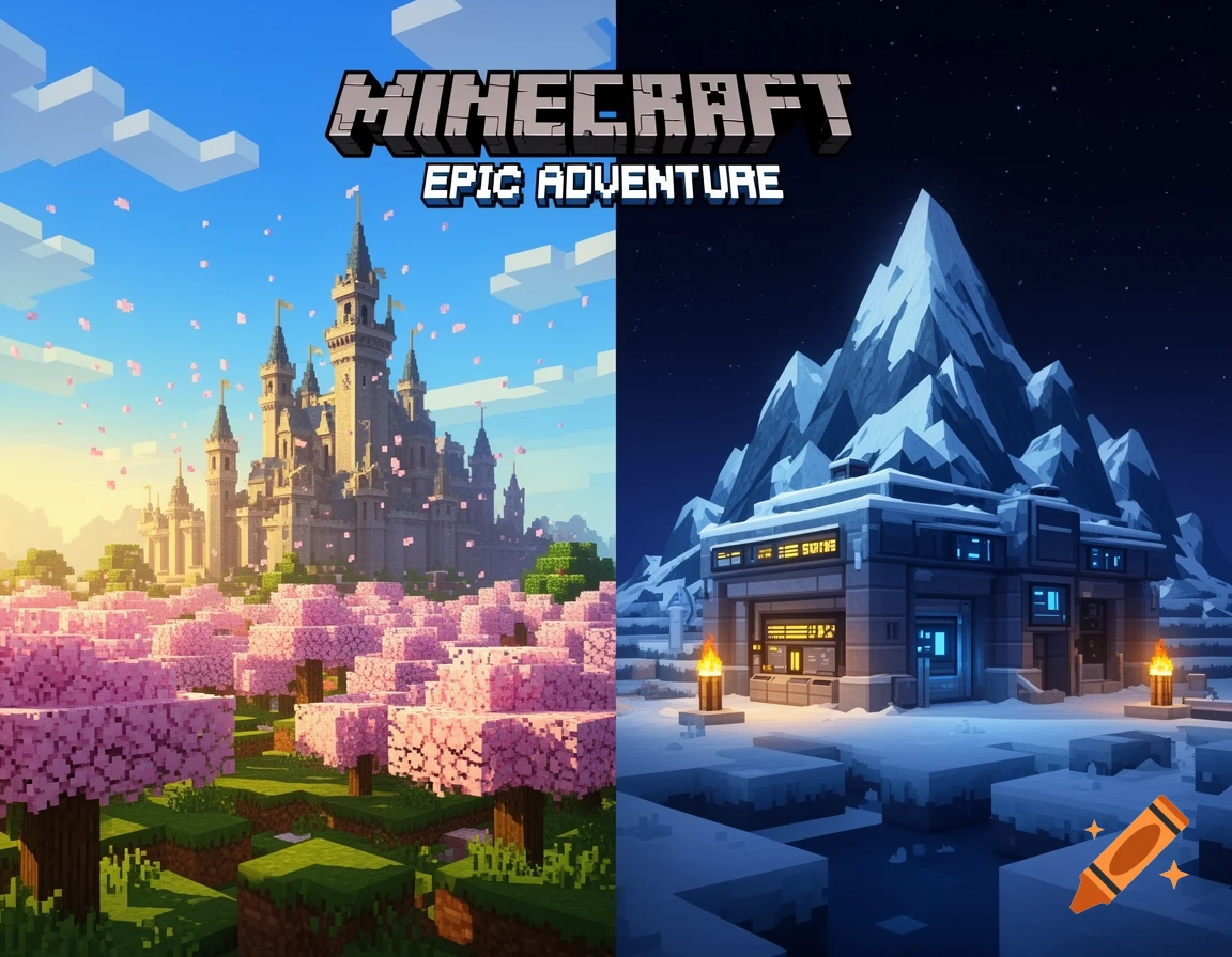 A Minecraft-style split scene with a castle in a cherry grove on the left and a high-tech bunker in a snowy mountain on the right, under the title "MINECRAFT EPIC ADVENTURE".