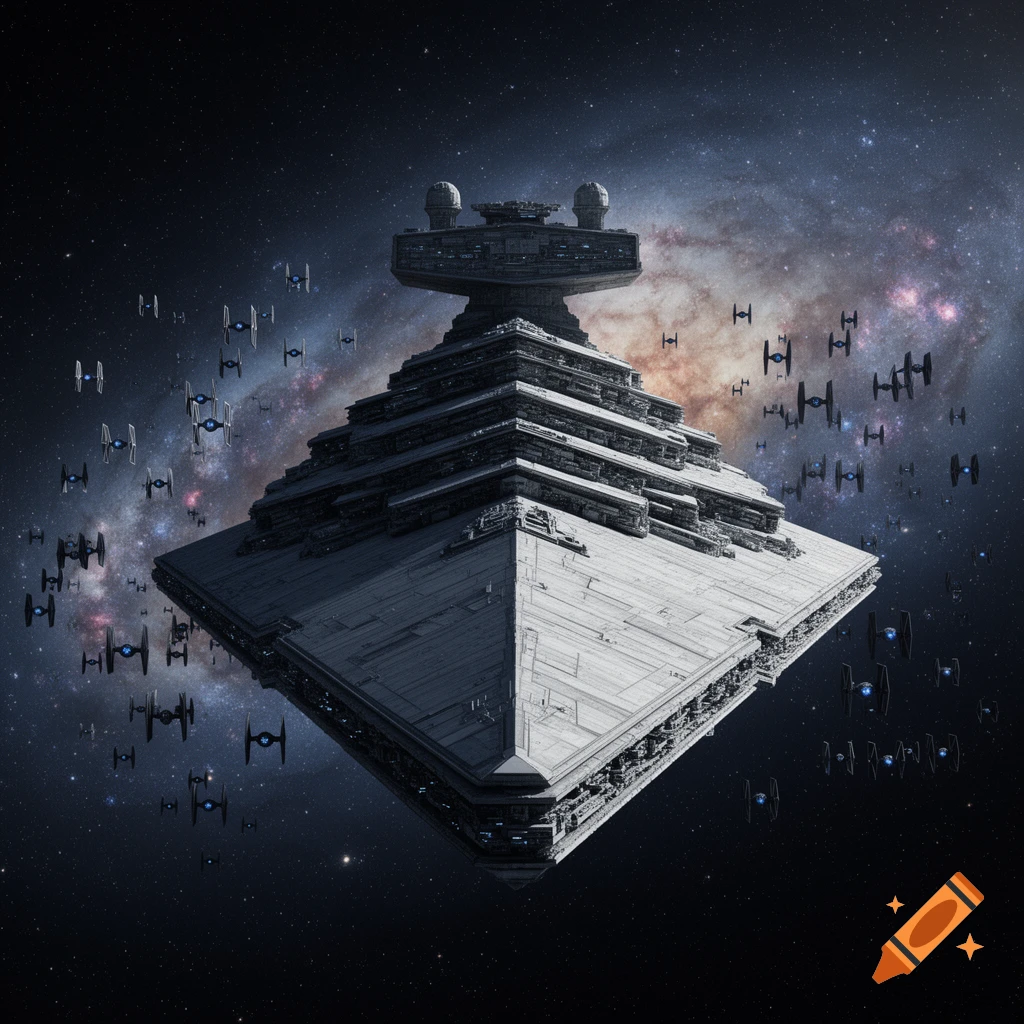 A massive Star Destroyer leads a fleet of TIE Fighters through a star-filled galaxy in a photorealistic style.