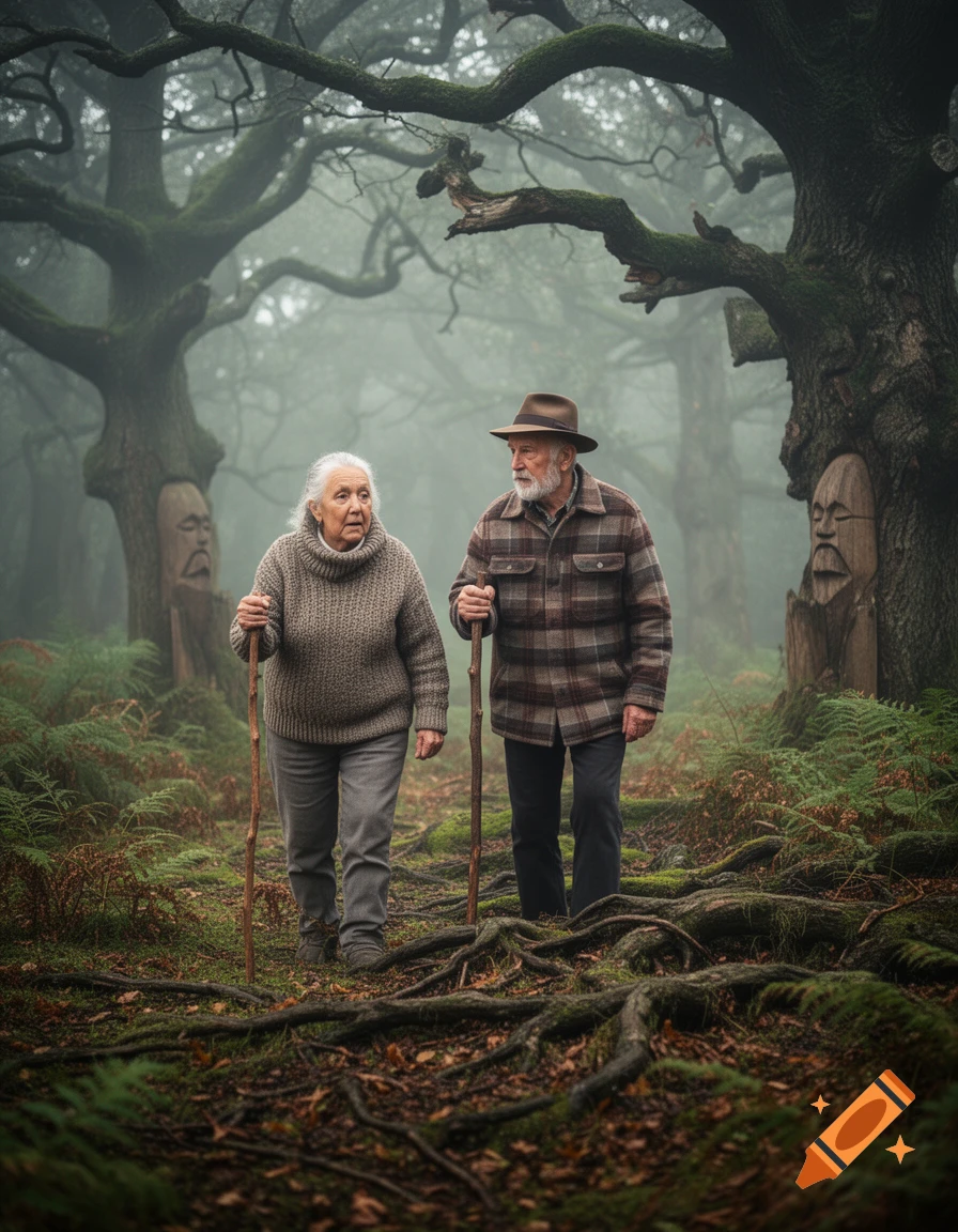 An elderly man and woman hike through a mystical, misty forest with ancient, moss-covered trees and carved wooden faces.
