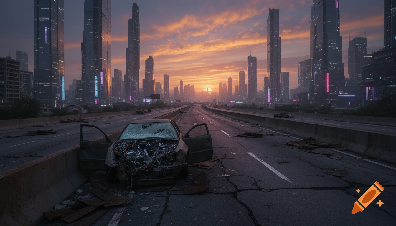 A damaged highway with a wrecked car in a futuristic, neon-lit cyberpunk city at sunset.