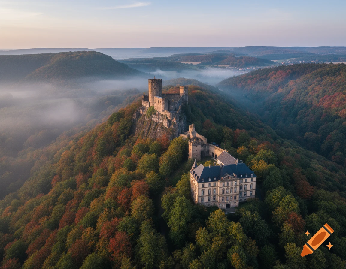 Aerial view of a historic stone castle and a large manor house on a forested hill, with a misty valley at sunrise.