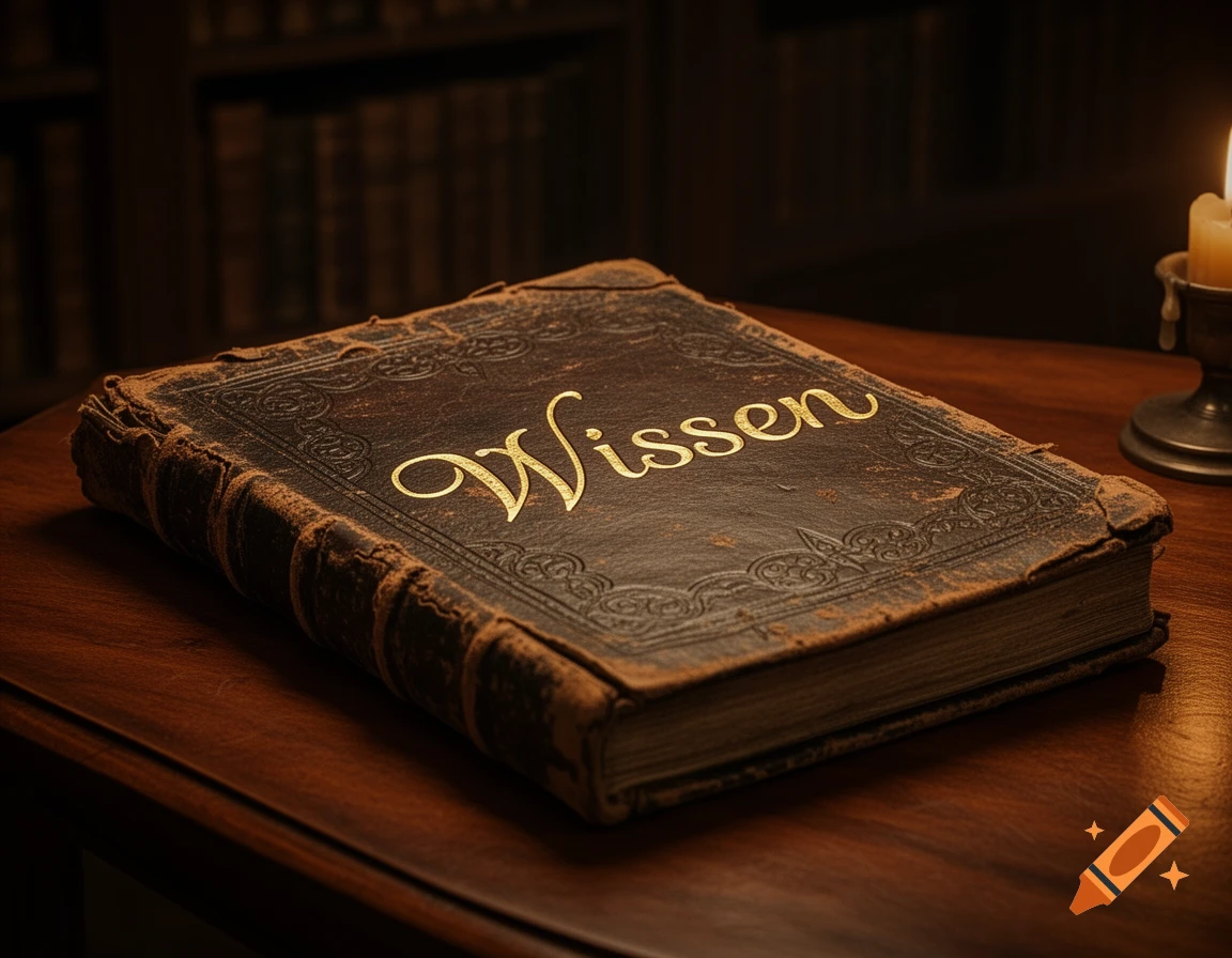 Photorealistic image of an old, ornate leather-bound book titled 'Wissen' in gold script, on a wooden table in a dimly lit library with a candle.