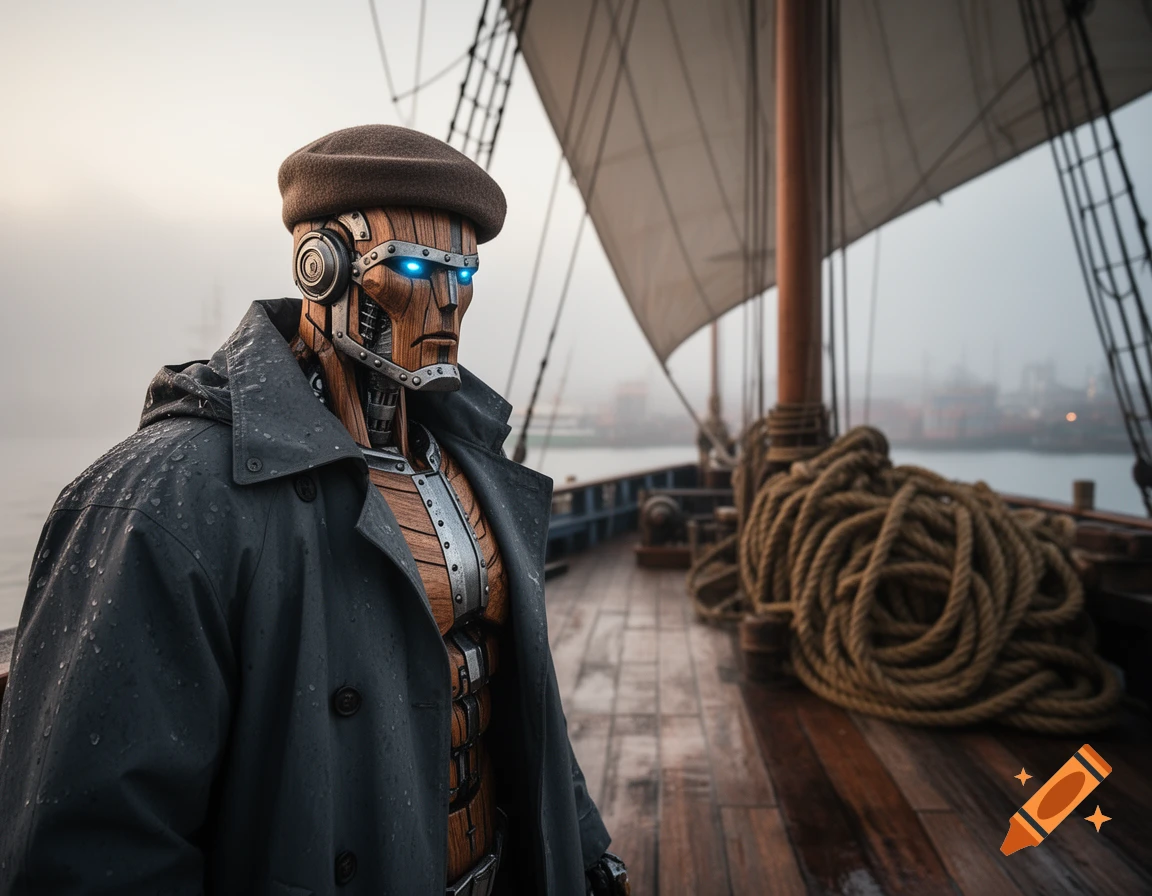 A photorealistic image of a wooden and metal warforged robot with glowing blue eyes, wearing a dark raincoat and a beret, standing on a misty ship deck.