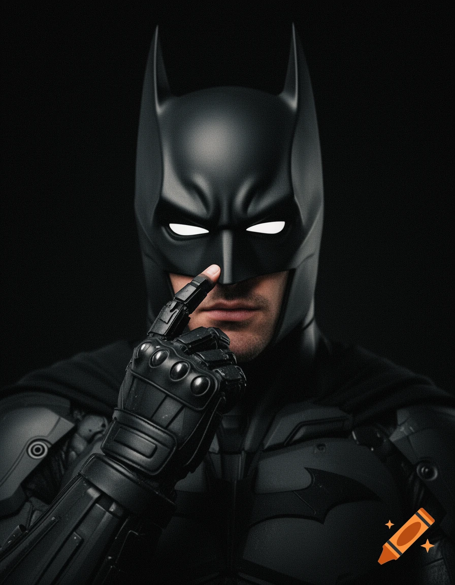 Close-up, photorealistic portrait of Batman in a tactical Batsuit against a black background. He has white lensed eyes and a gauntleted hand with a finger touching his cowl near the nose.