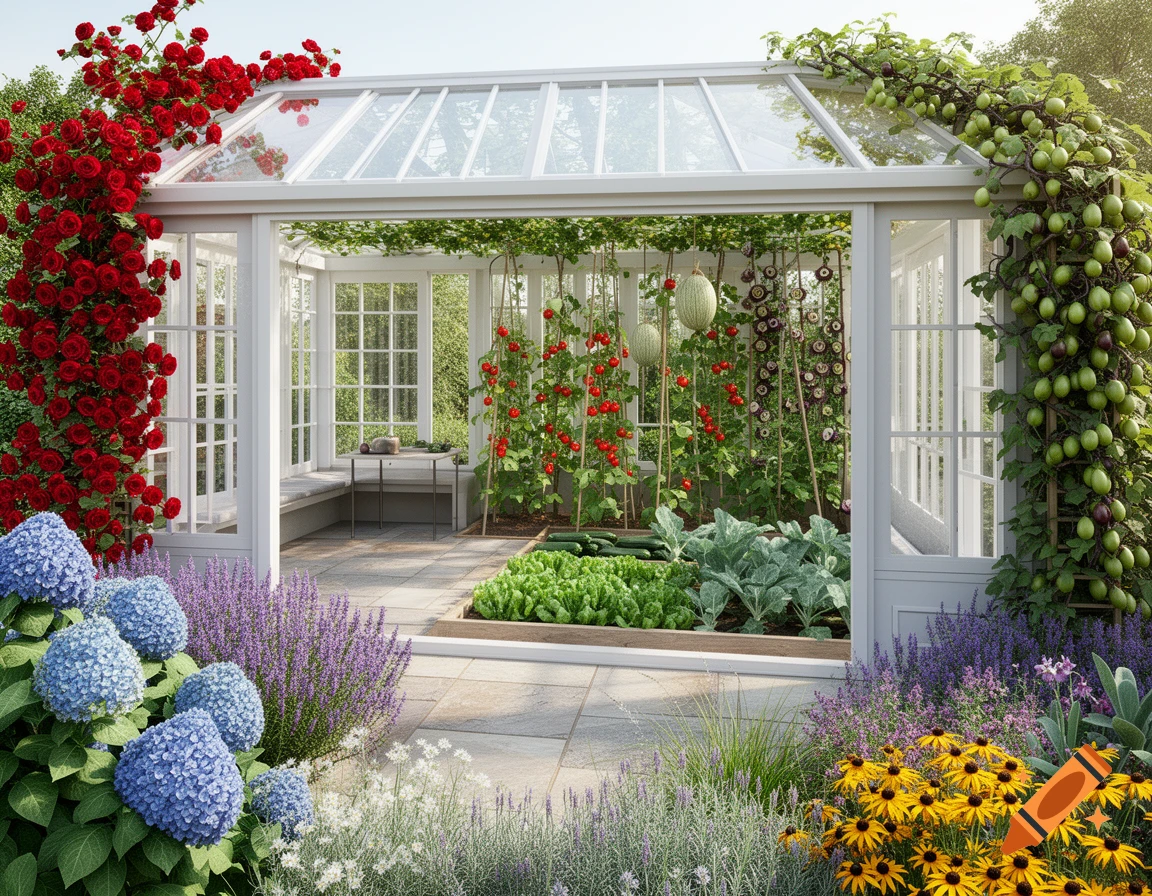 Photorealistic garden with a white greenhouse, vibrant red climbing roses, blue hydrangeas, lavender, and yellow flowers. Vegetables grow inside.