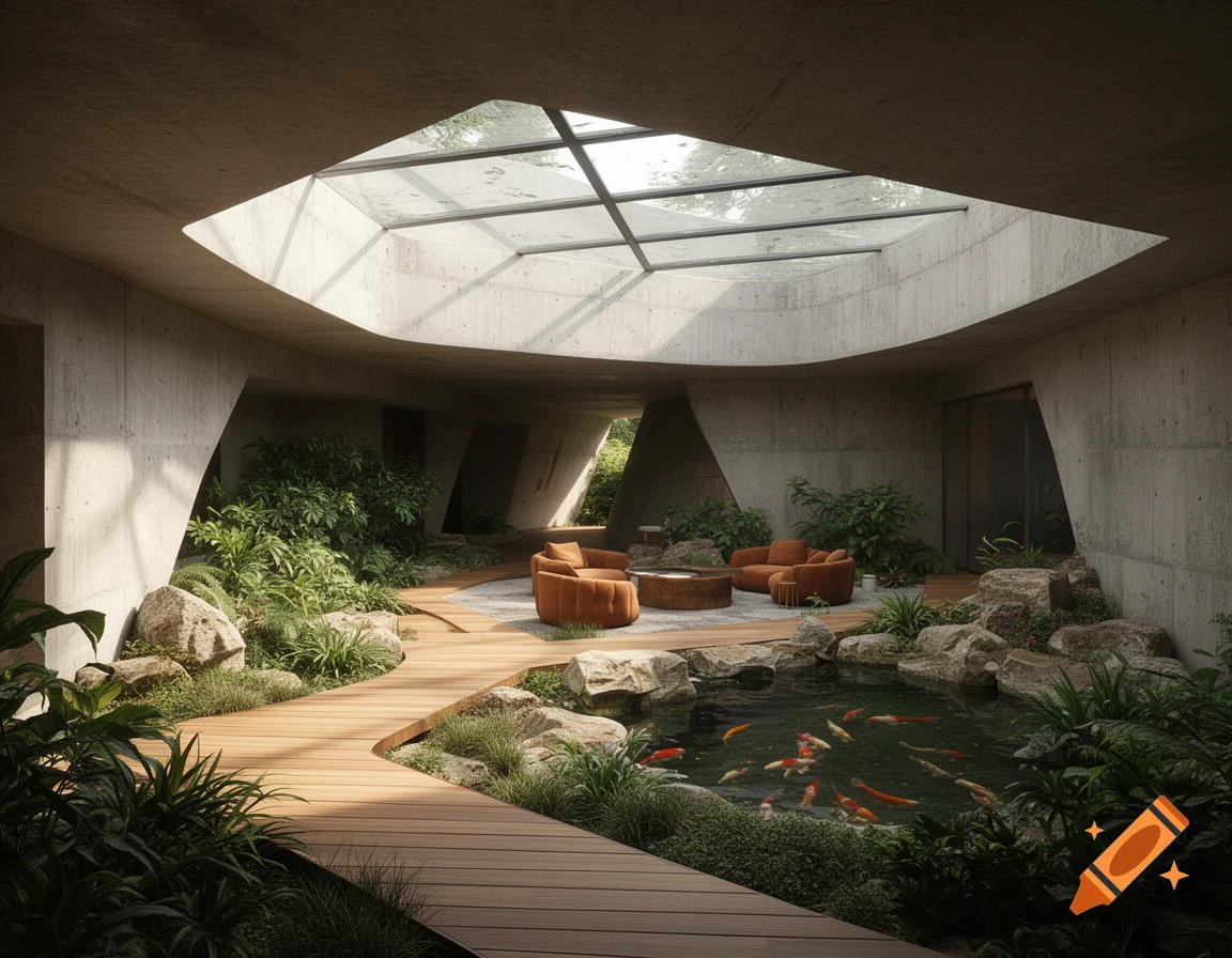 A luxurious brutalist-style indoor courtyard featuring a large koi pond, lush greenery, wooden pathways, and modern brown armchairs under a glass skylight.
