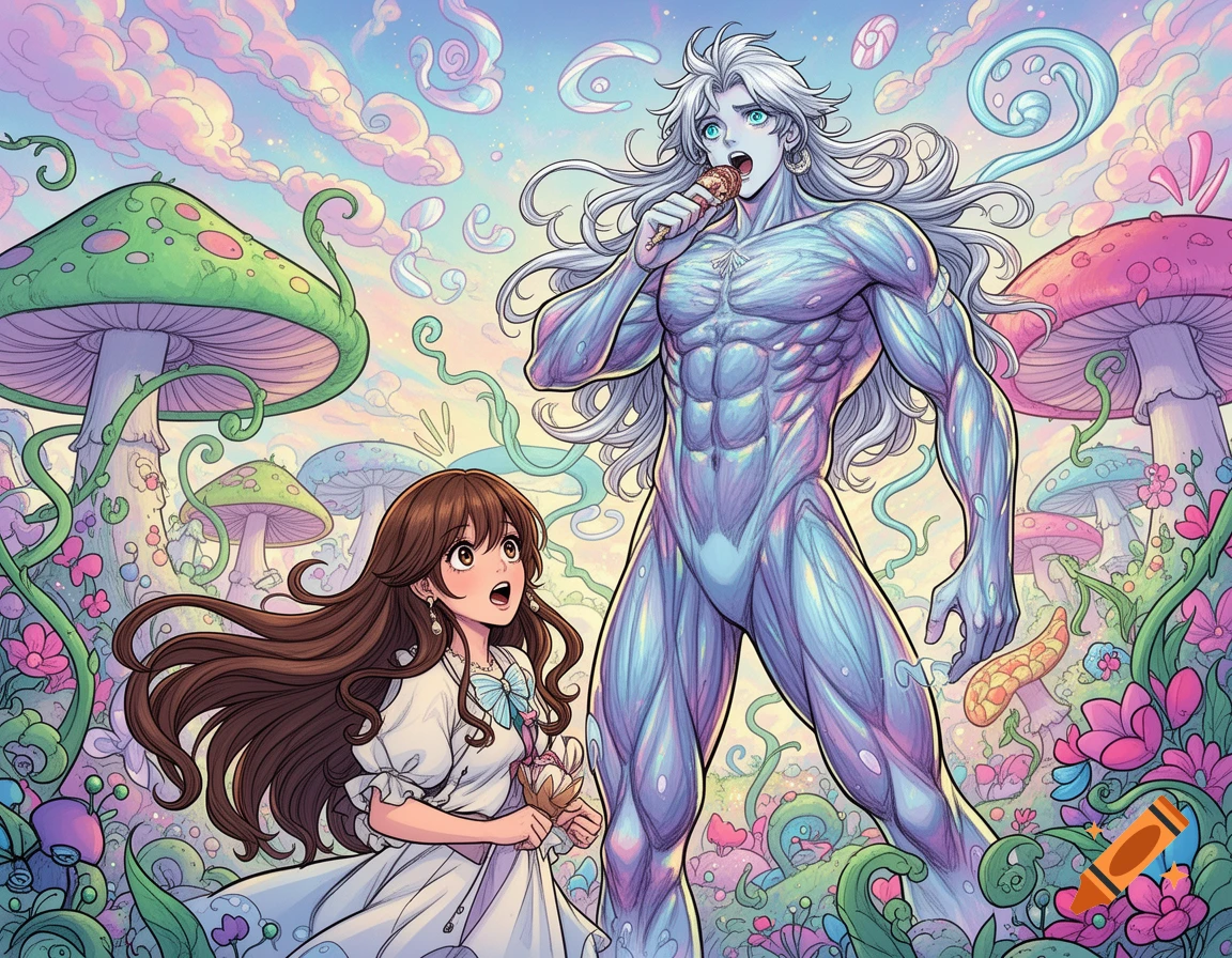 Anime-style art of a muscular giant man eating ice cream while a small girl looks up at him in a colorful fantasy landscape with mushrooms.