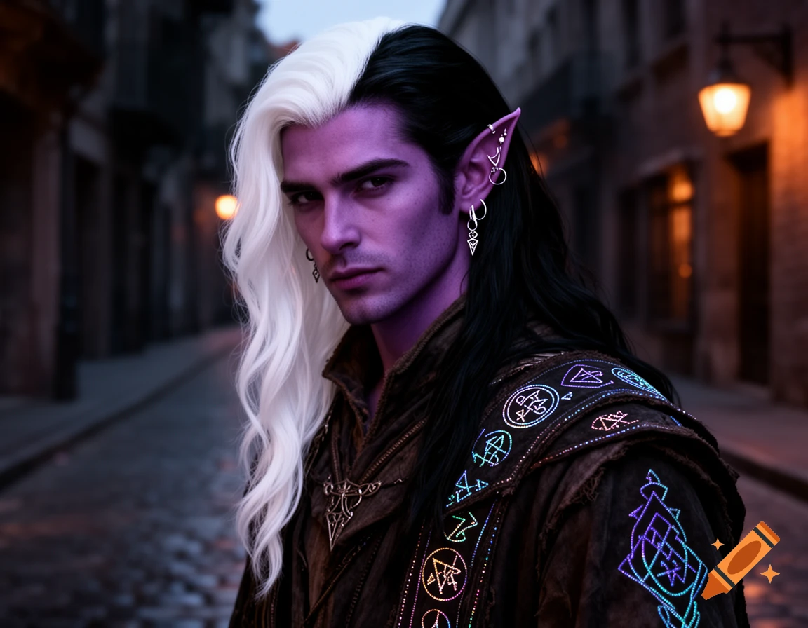 A drow male with purple skin, half white and half black hair, ornate ear piercings, and glowing arcane embroidery on his jacket, standing on a cobblestone street at dusk.
