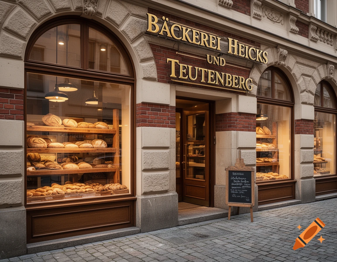 Photorealistic image of a traditional bakery storefront, 'Bäckerei Heicks und Teutenberg', with bread loaves displayed in window shelves.