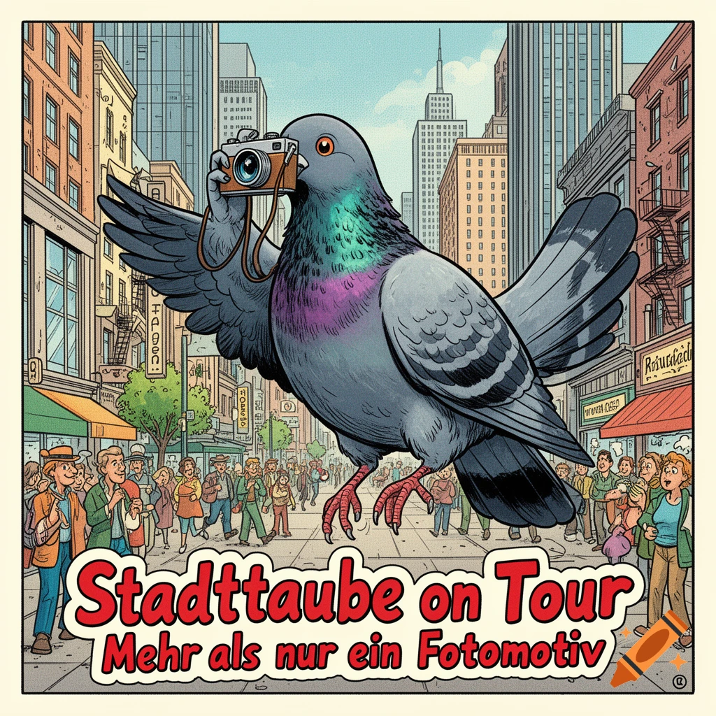 A large cartoon pigeon with a camera stands on a city street, surrounded by small people and skyscrapers, in a comic book style. Text reads "Stadttaube on Tour Mehr als nur ein Fotomotiv."