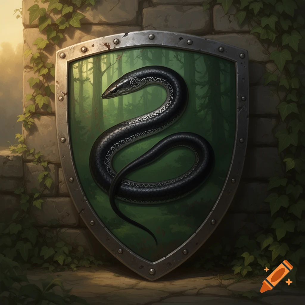 A medieval shield featuring a coiled black snake against a green forest background, leaning against a stone wall with ivy.