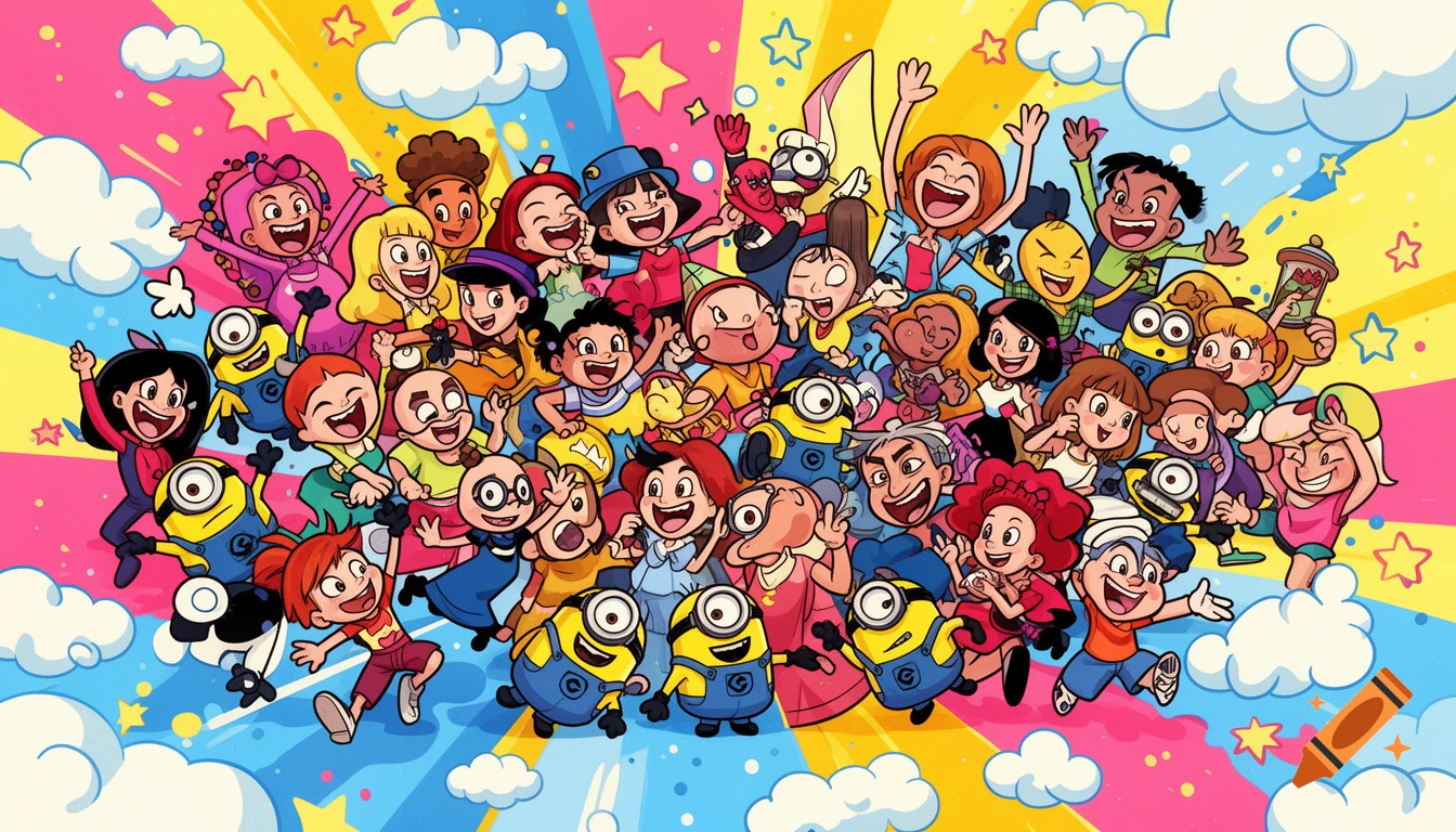 A large, diverse group of smiling cartoon characters, including Minions, excitedly leap and wave against a vibrant, star-filled, cloudy background.