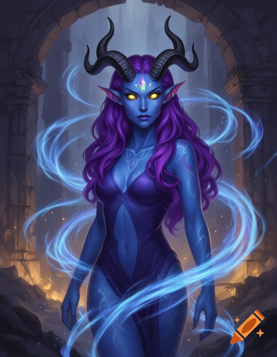 Digital fantasy art of a blue-skinned female tiefling with purple hair, black horns, glowing yellow eyes, and blue magic swirling around her.