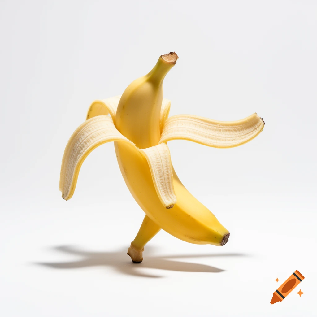 A partially peeled yellow banana stands upright on a white background, casting a shadow, as if dancing.