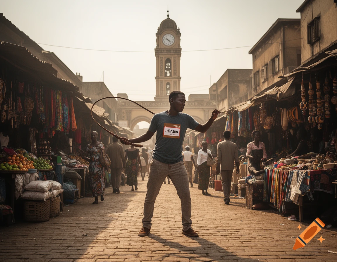 A man in a name tag reading "JÜRGEN" holds a whip in a busy, sunlit African marketplace with a clock tower in the background.