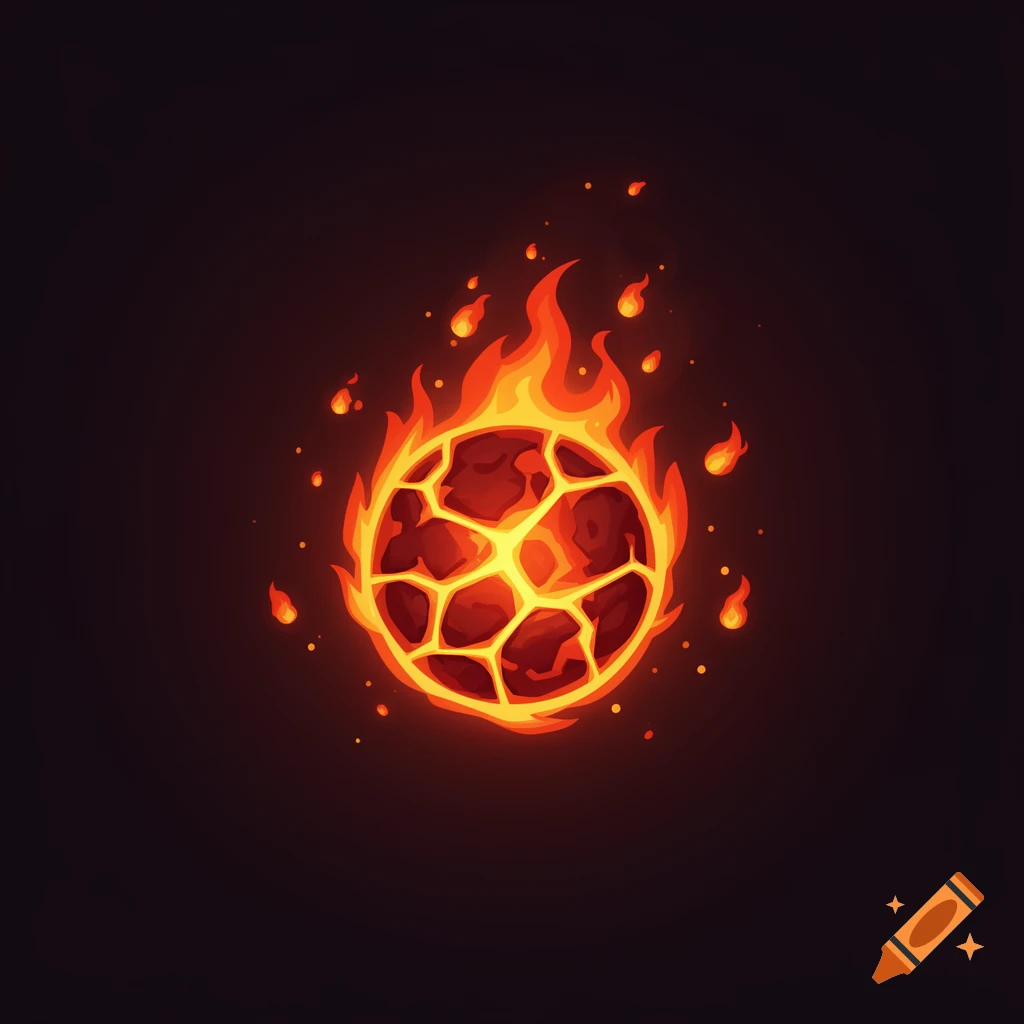 A stylized magical fire orb with a jagged, molten core and glowing flames on a dark background.