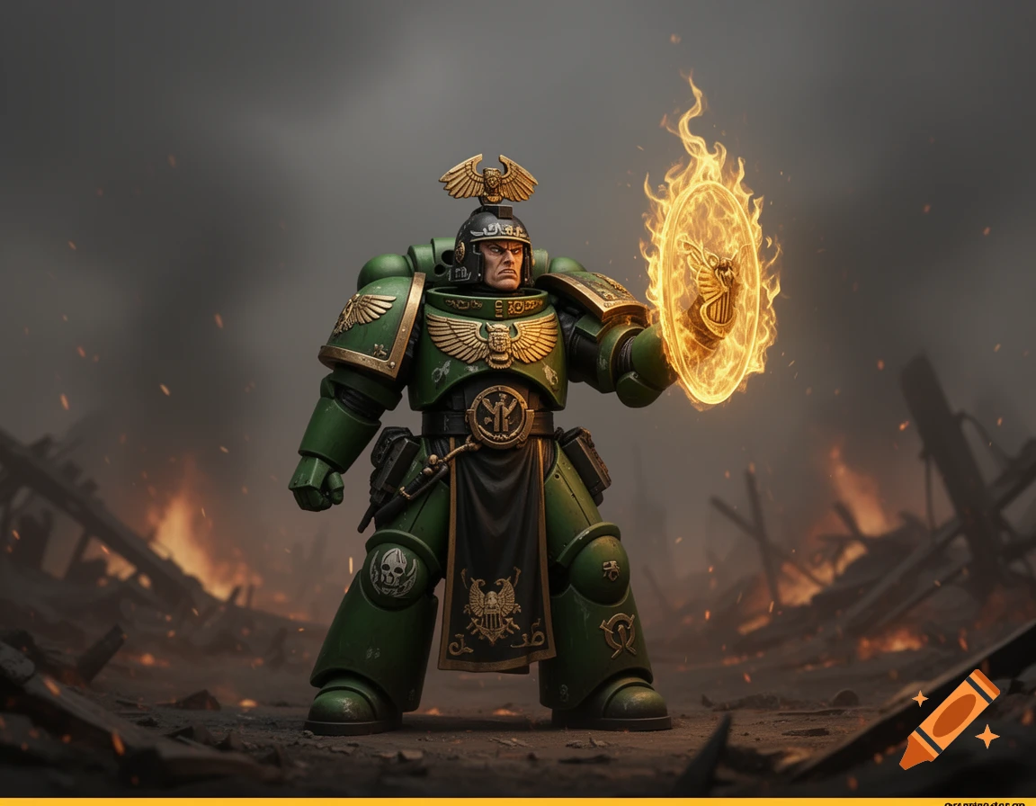 A heavily armored green Space Marine stands in a ruined, burning battlefield, holding a fiery shield.