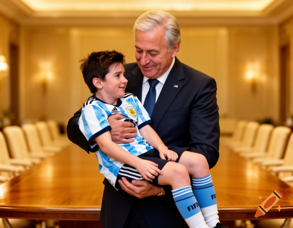 An older man in a suit holds a smiling young boy wearing an Argentina soccer jersey and FIFA socks in a formal conference room.