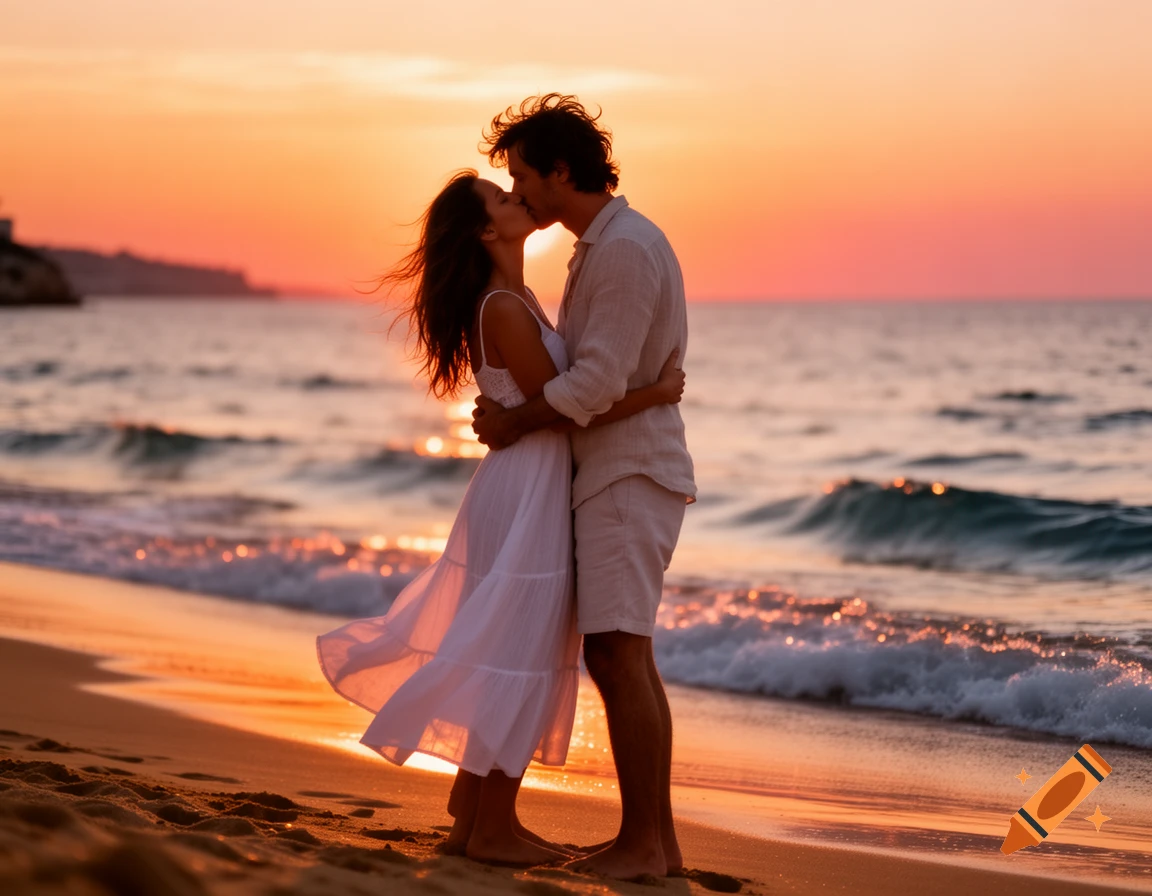 A romantic couple kissing on a sandy beach at sunset, with golden light reflecting on the ocean waves.
