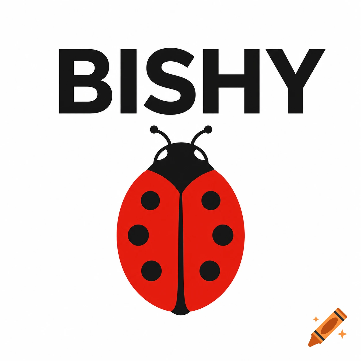 Simple 2D illustration of a red and black ladybug with the word BISHY above it on a white background.
