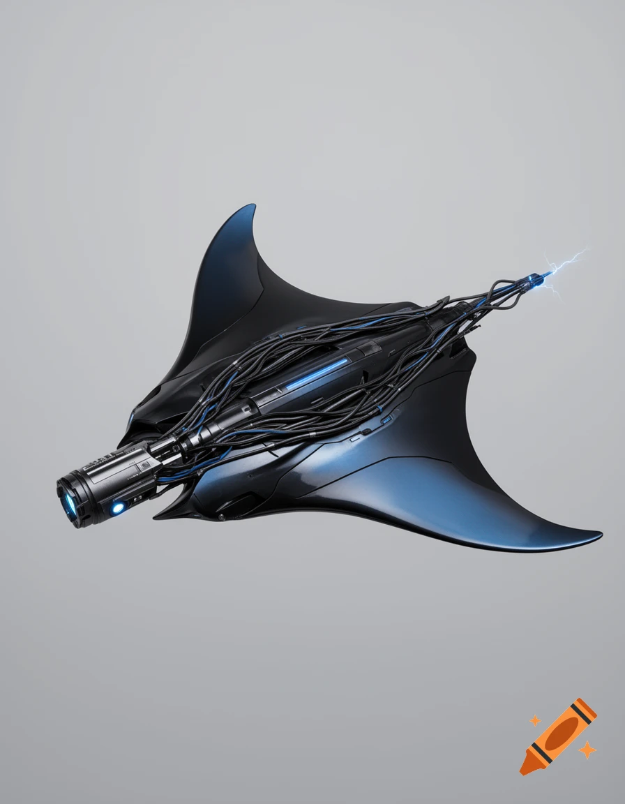 A sleek, dark blue futuristic weapon, shaped like a manta ray, featuring glowing blue accents, intricate cables, and an electric taser tip.