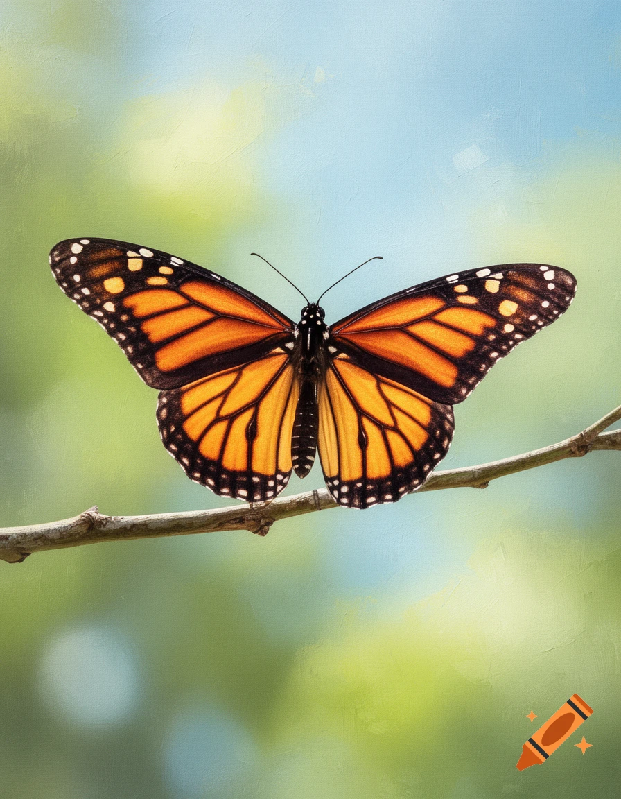 A vibrant monarch butterfly with open wings rests on a thin bare branch, set against a soft, painterly green and blue background.