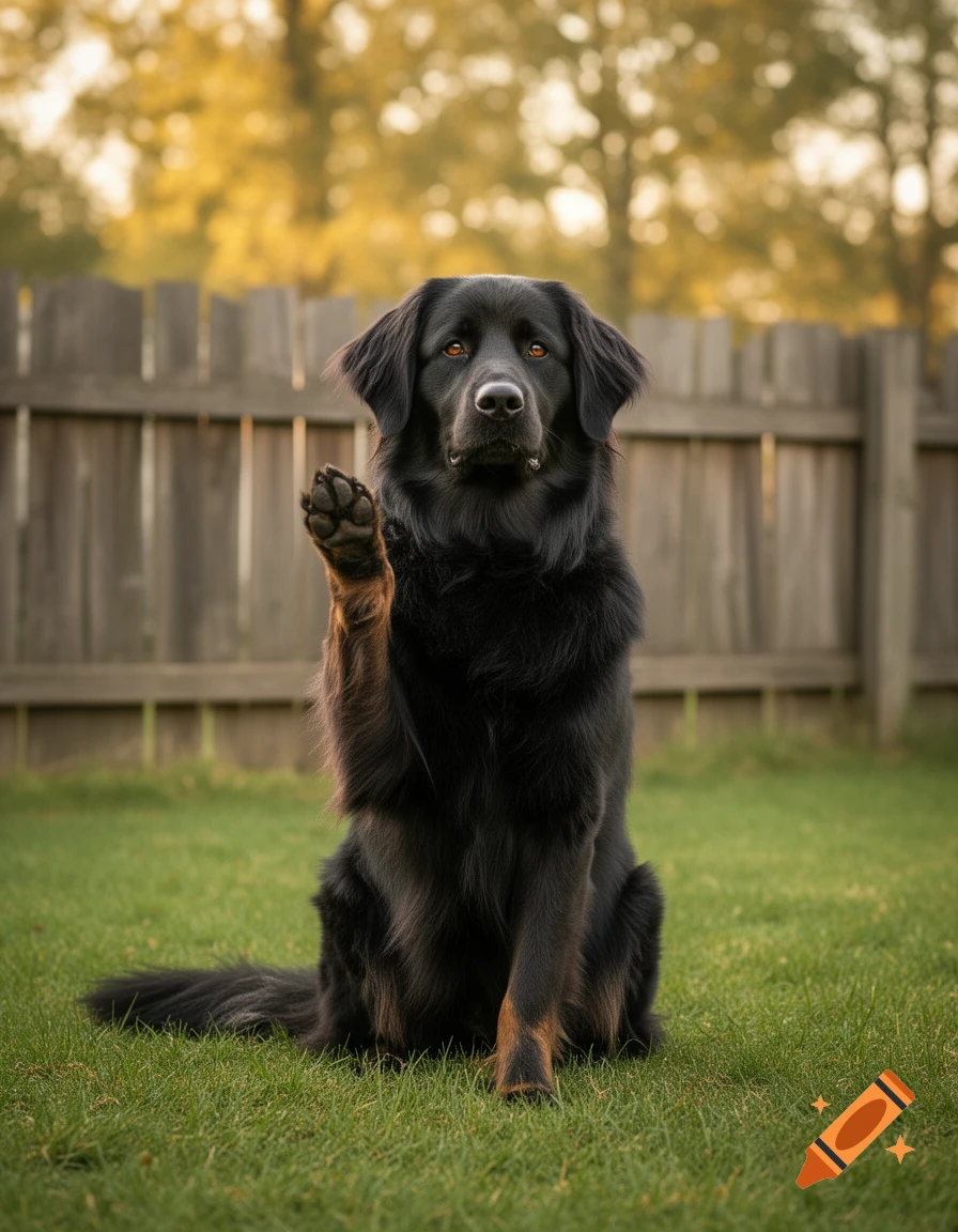 A black and tan Hovawart dog with one paw raised sits on a grassy lawn in a photorealistic style.