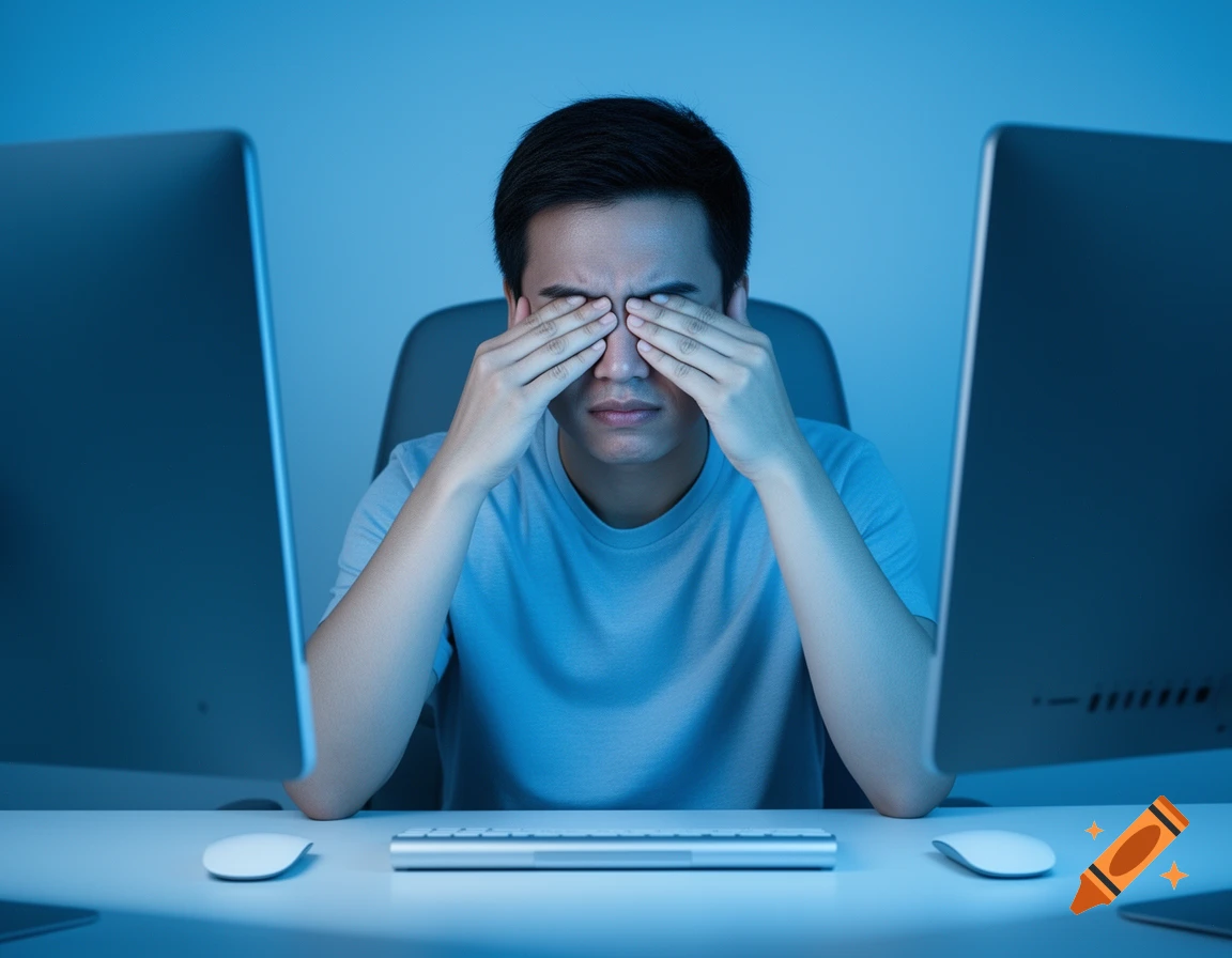 A man rubs his tired eyes while looking at two computer screens in a dark, blue-lit room, depicting eye fatigue.