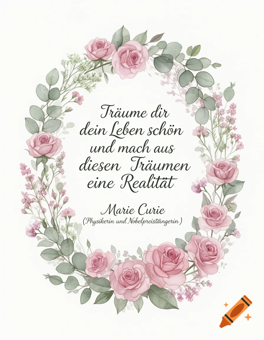 Watercolor floral wreath of pink roses and eucalyptus leaves framing a German quote by Marie Curie.