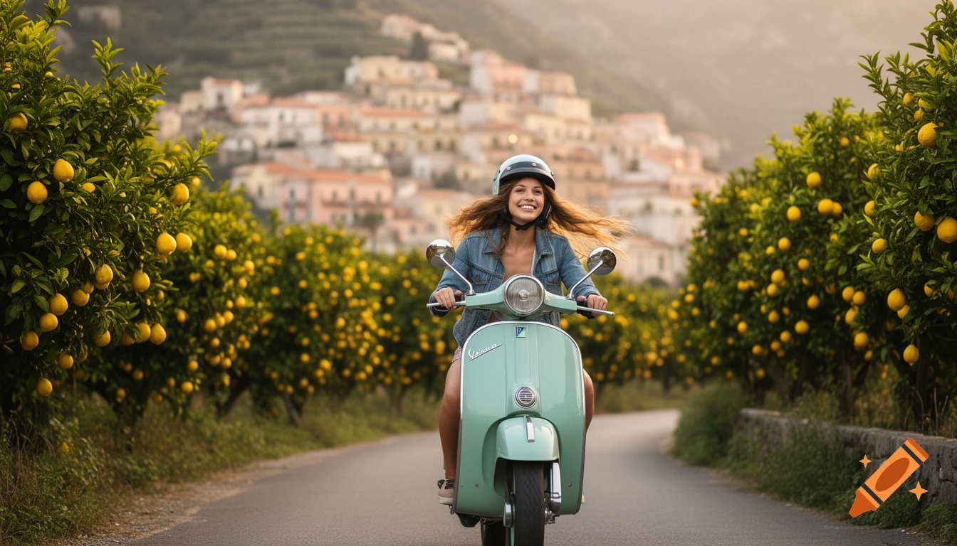 A smiling woman in a helmet rides a mint green Vespa scooter past lemon groves with an Italian village in the background.