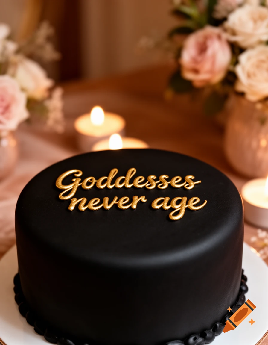 A close-up shot of a black birthday cake with gold lettering that reads "Goddesses never age", surrounded by glowing candles and blurred flowers.