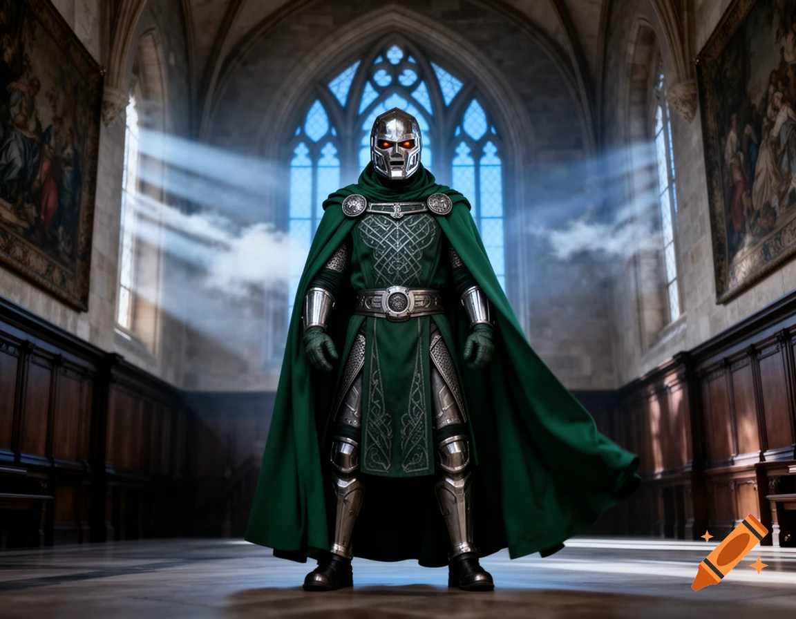Doctor Doom in his green cape and metallic armor stands dramatically in a grand Gothic hall with light rays through windows.