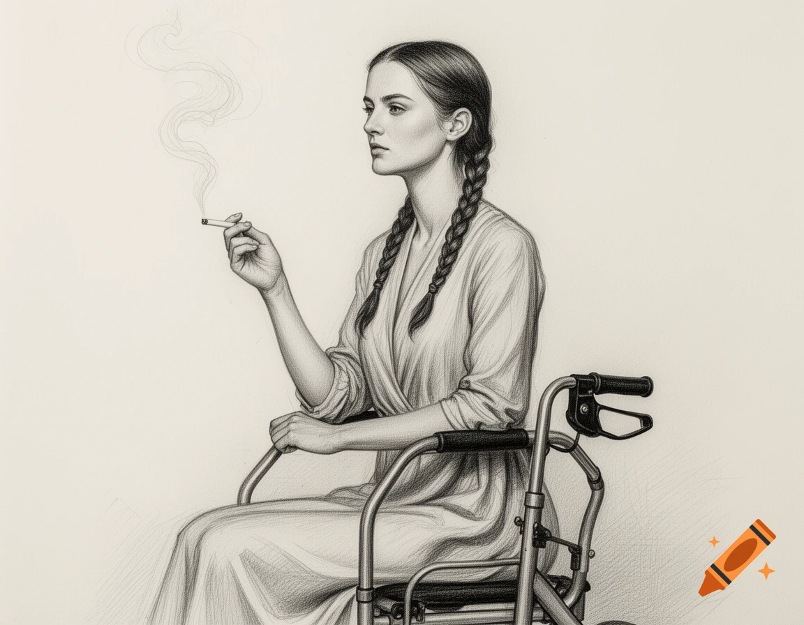 A pencil drawing of a woman with braids in a rollator, holding a lit cigarette with smoke rising.