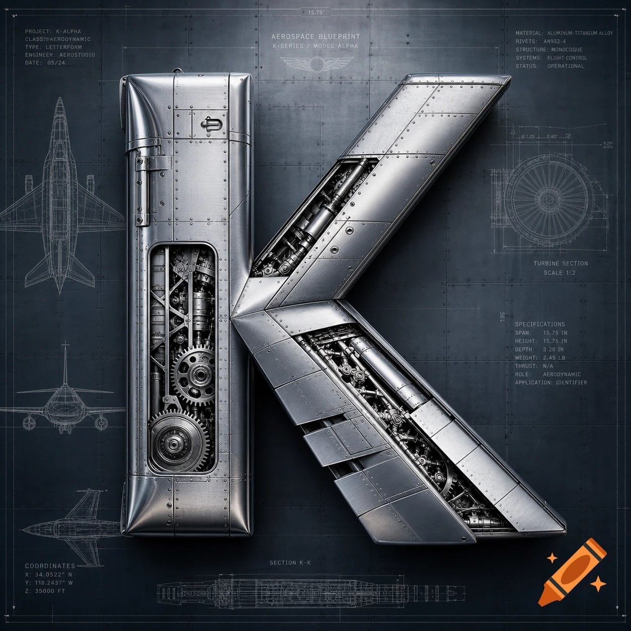 A metallic letter K designed with airplane mechanics and gears, displayed on an aerospace blueprint with technical drawings.