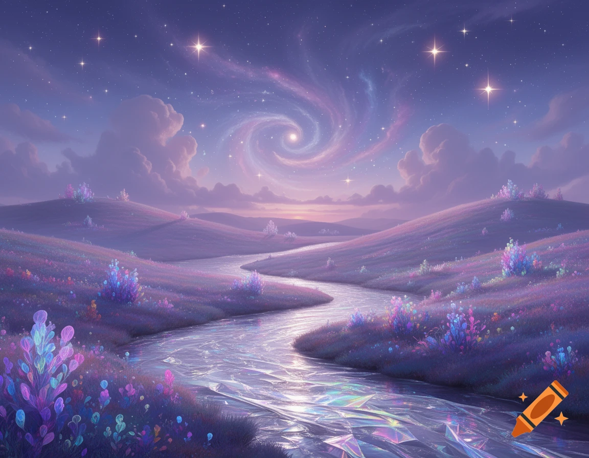 A vibrant fantasy landscape with a shimmering river flowing through purple hills under a starry, swirling sky.