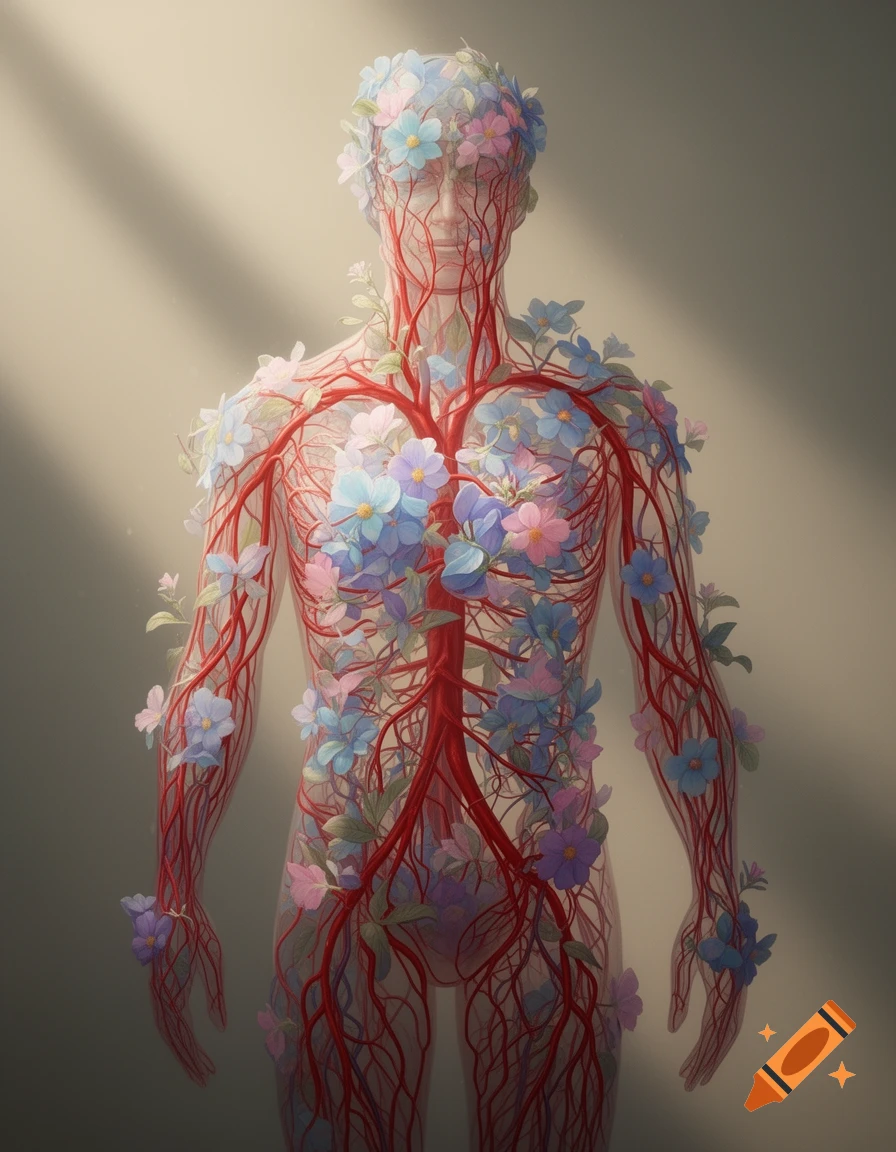 A stylized human body showing red blood vessels interwoven with light blue and pink flowers, against a soft grey background.