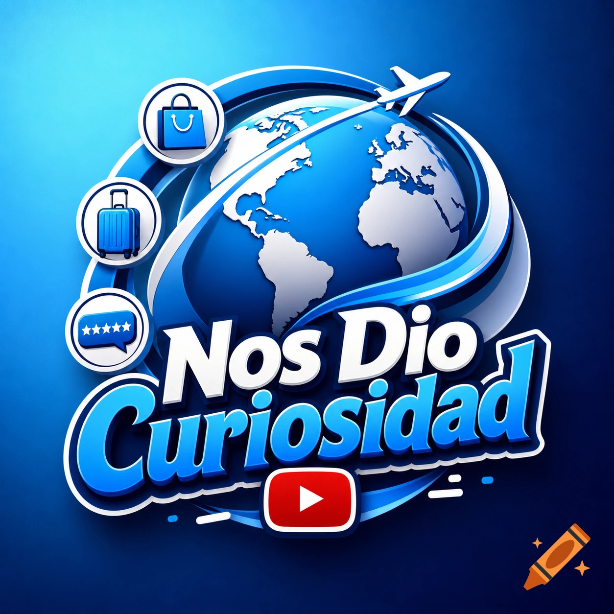 A blue and white logo for "Nos Dio Curiosidad" featuring a globe, plane, shopping bag, suitcase, 5-star review bubble, and YouTube play button.