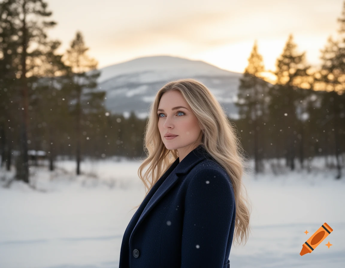 A blonde woman in a dark coat stands in a snowy forest with mountains in the background, looking into the distance.