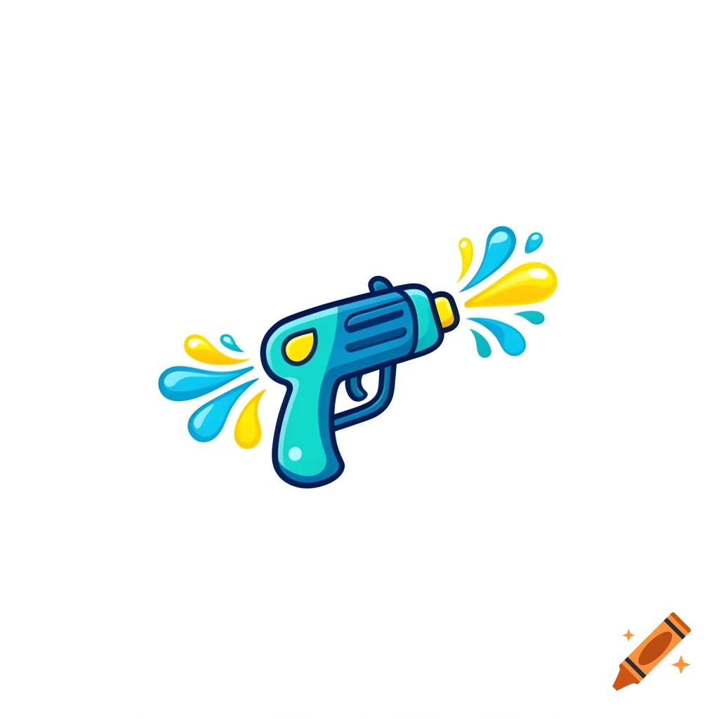 A teal and blue cartoon water gun with yellow and blue water splashes coming out of its nozzle, on a white background.
