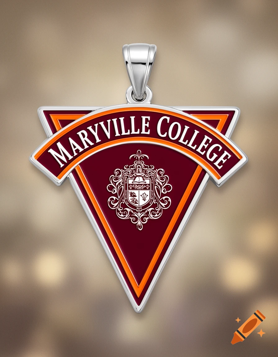 A triangular Maryville College pendant in maroon, orange, and white, with a central crest and silver bail.