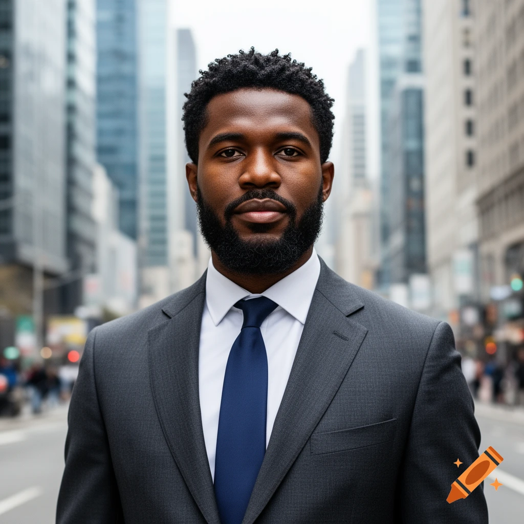 A photorealistic portrait of a Black man in a dark grey suit and blue tie, standing on a city street.
