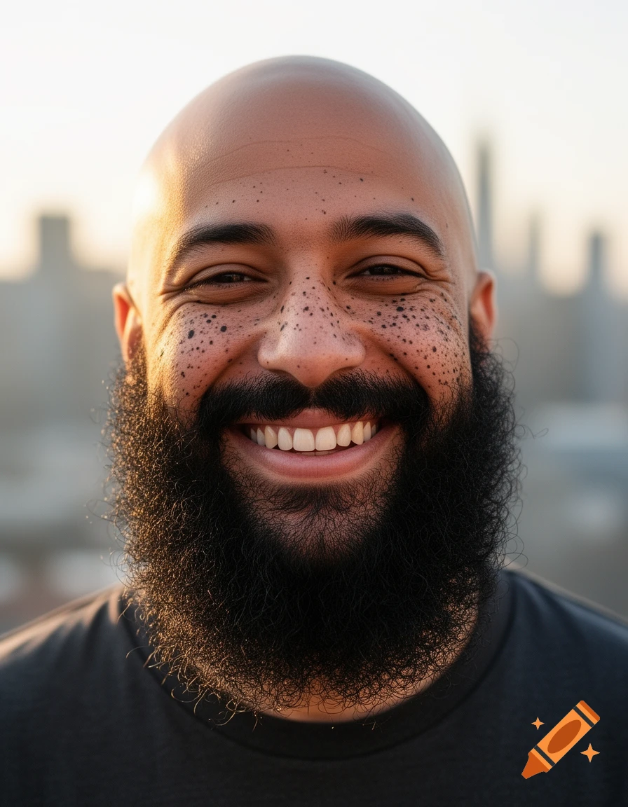 Photorealistic portrait of a bald man with a full black beard and freckles, smiling broadly.