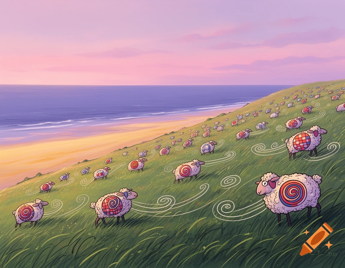 Cartoon illustration of sheep with patterned wool grazing on a grassy hill overlooking a beach and the sea at sunset.