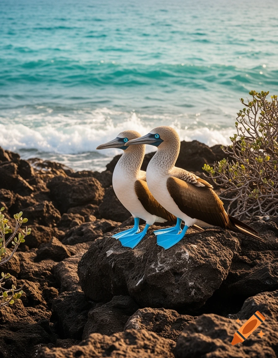 Two blue-footed boobies stand on dark rocks by a turquoise ocean shore under a bright sky, photorealistic.